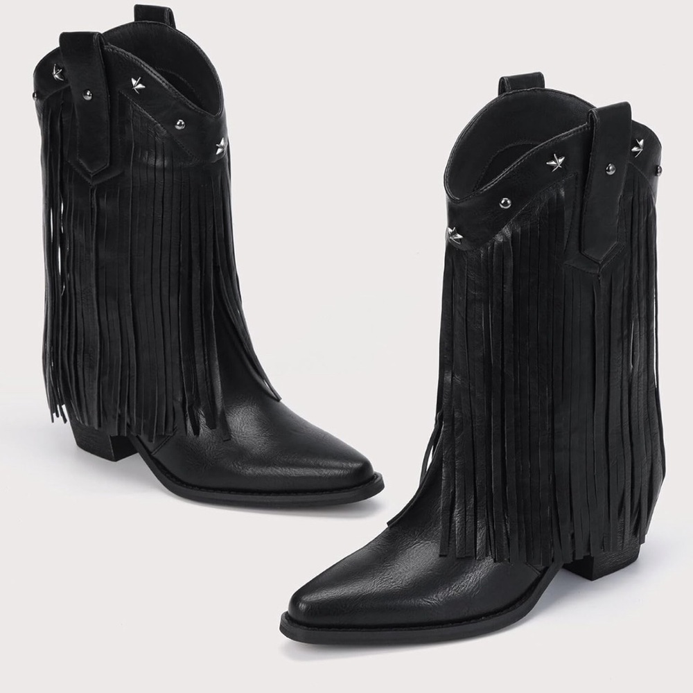 Fringed Black Heeled Boots